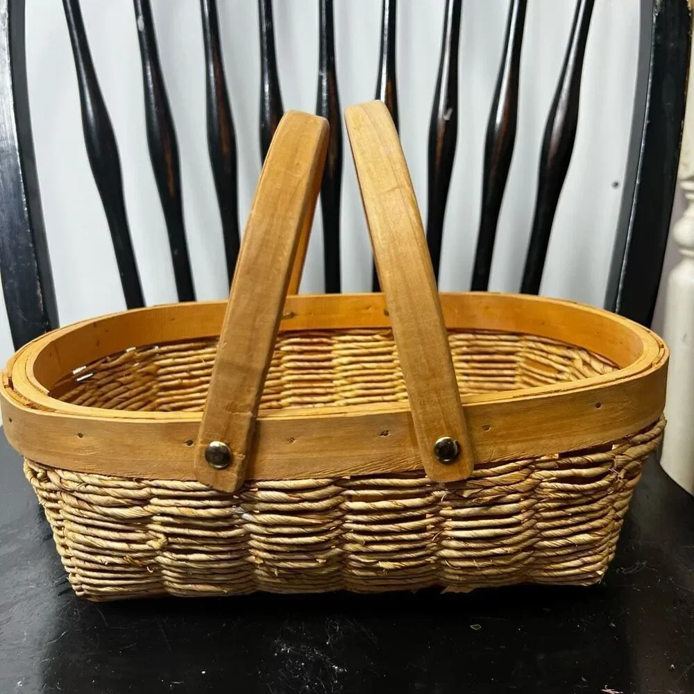 Brown Wooden Woven Double Handled Basket